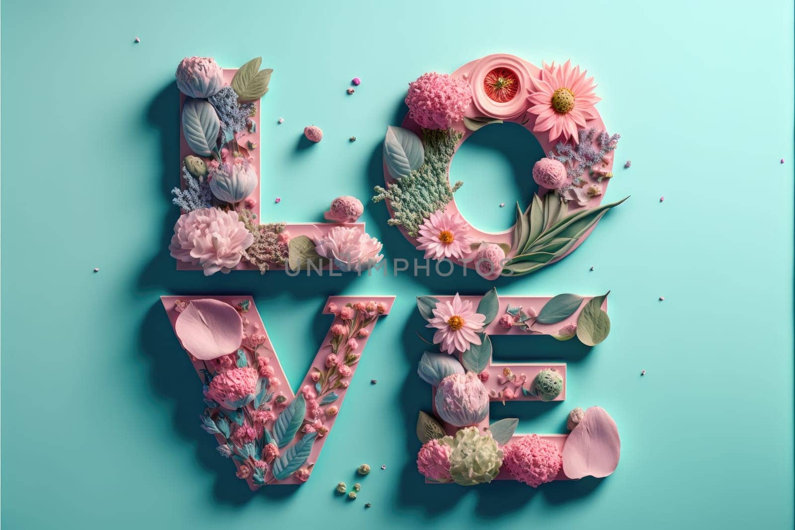 The word love decorated with pastel flowers and leavwes. Soft pastel blue background. Floral love decoration. Generative AI