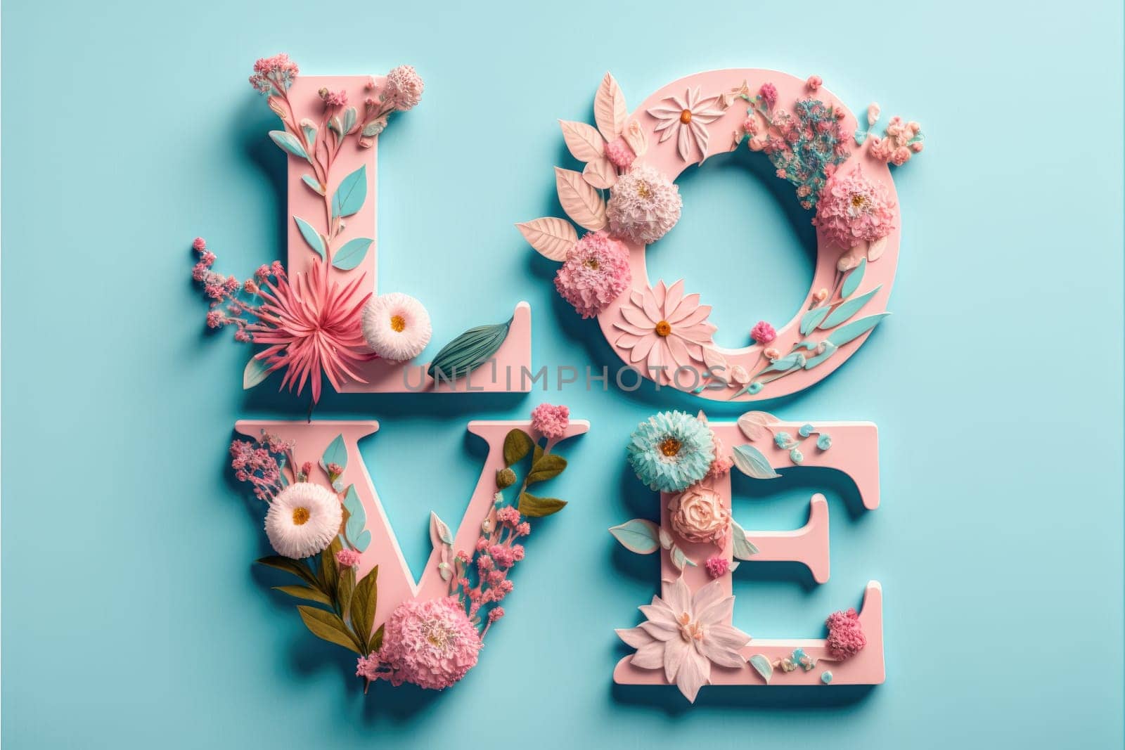 The word love decorated with pastel flowers and leavwes. Soft pastel blue background. Floral love decoration. Generative AI