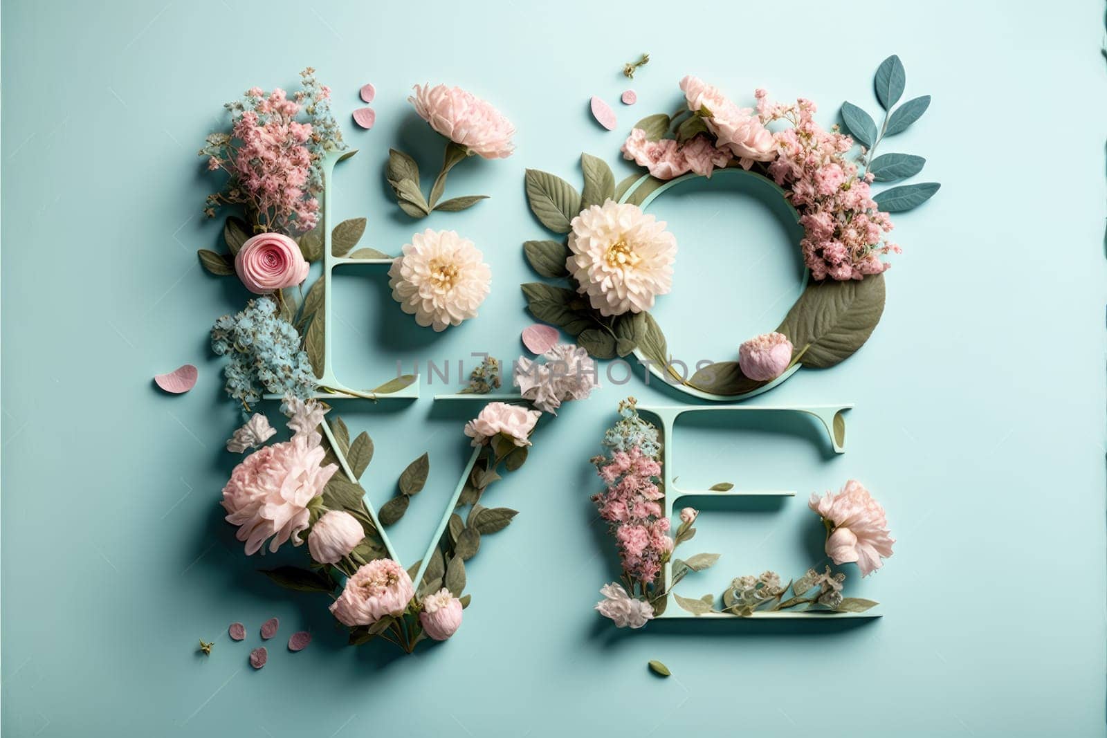 The word love decorated with pastel flowers and leavwes. Soft pastel blue background. Floral love decoration. Generative AI