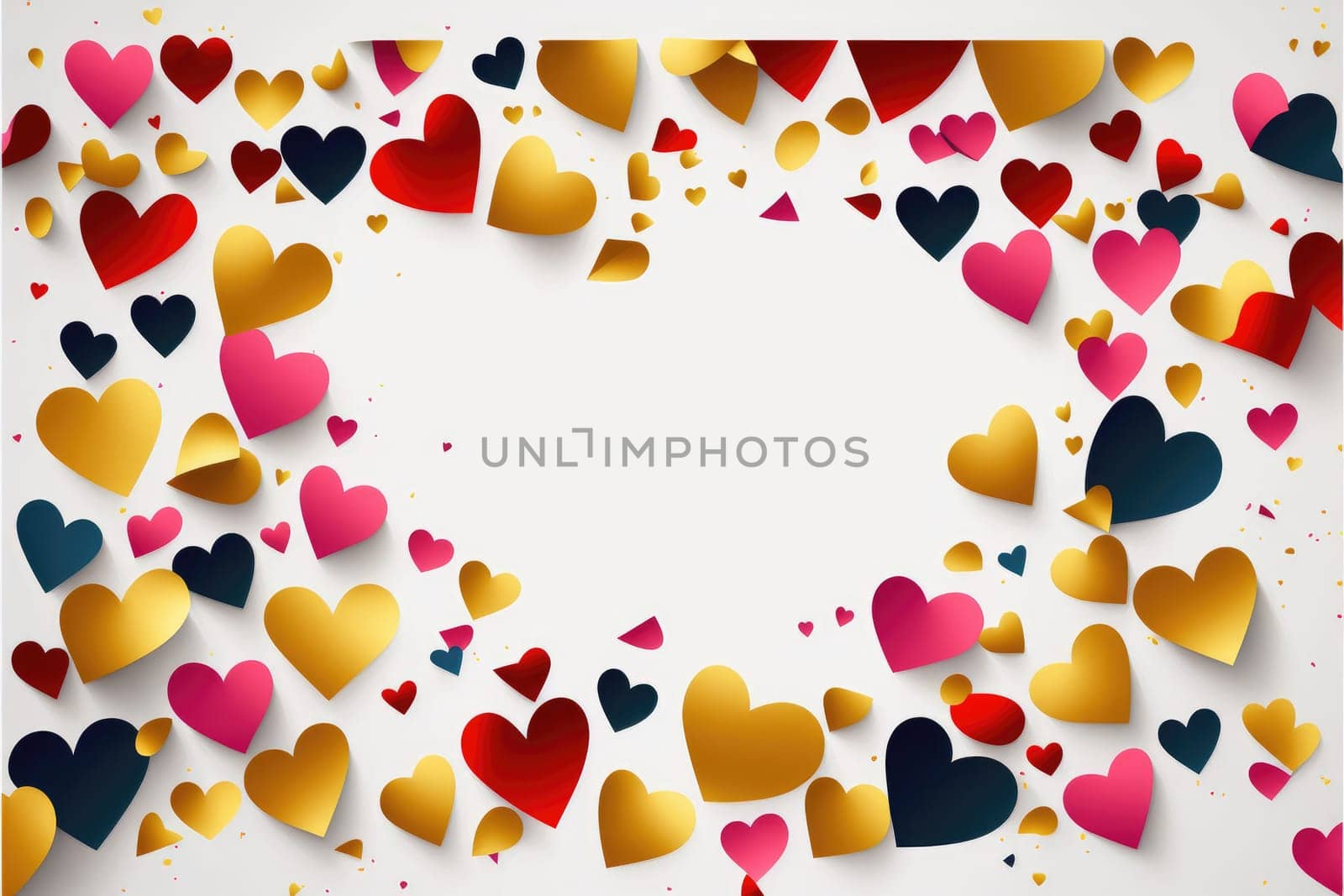 Abstract background with colorful hearts over white background with copy space. Generative AI