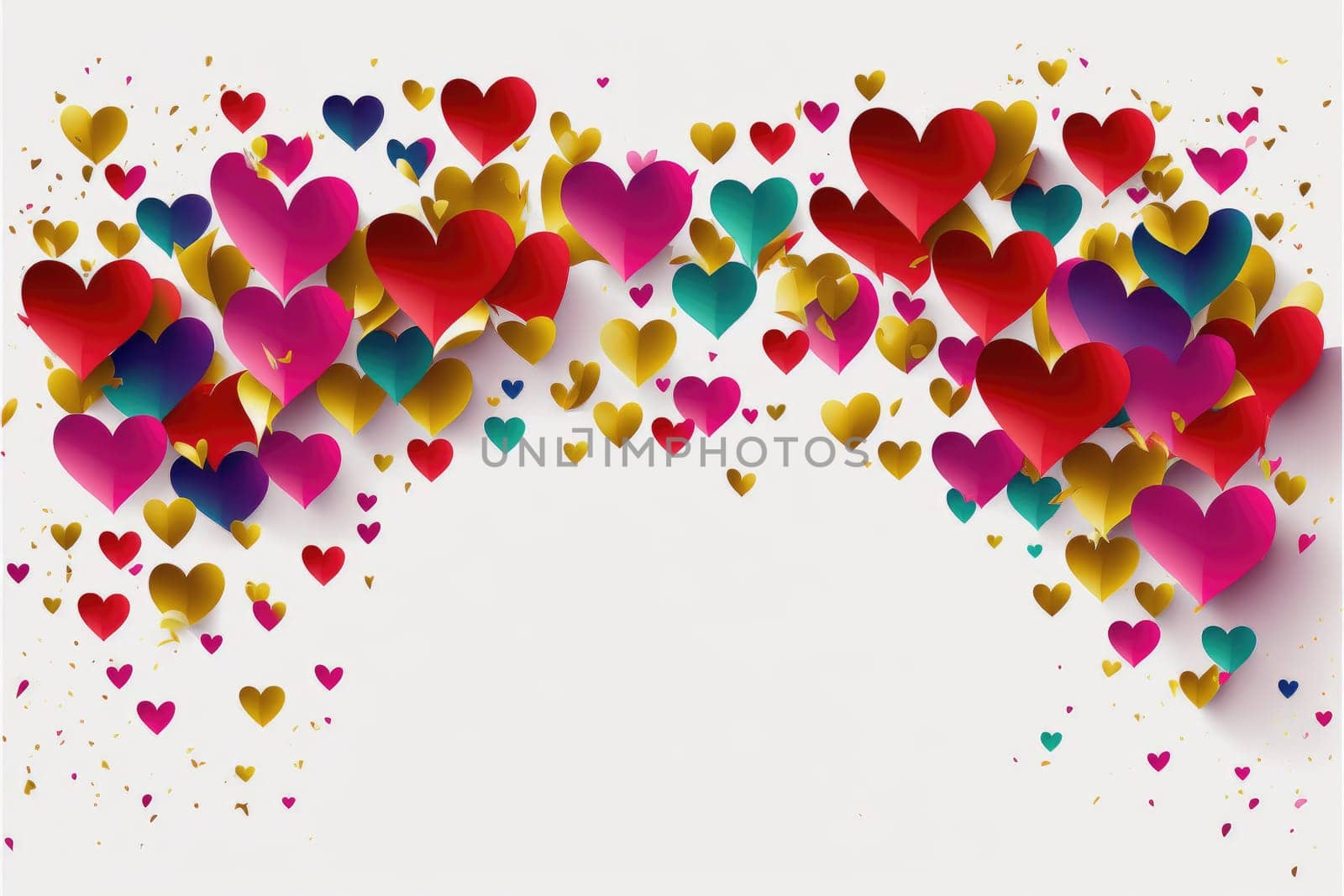 Abstract background with colorful hearts over white background with copy space. Generative AI