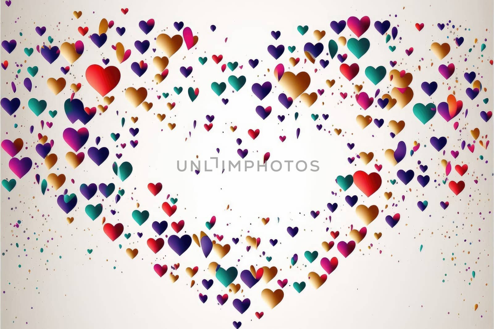 Abstract background with colorful hearts over white background with copy space. Generative AI