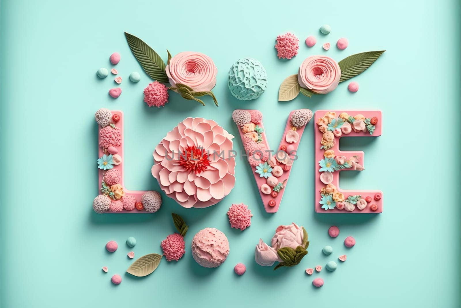 The word love decorated with pastel flowers and leavwes. Soft pastel blue background. Floral love decoration. Generative AI