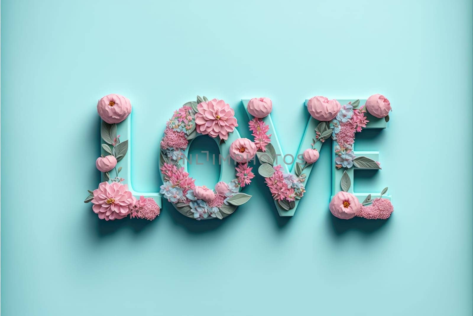 The word love decorated with pastel flowers and leavwes. Soft pastel blue background. Floral love decoration. Generative AI