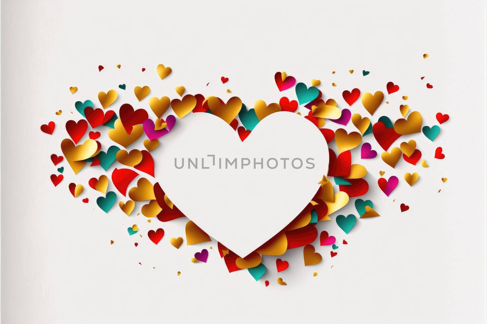 Abstract background with colorful hearts over white background with copy space. Generative AI