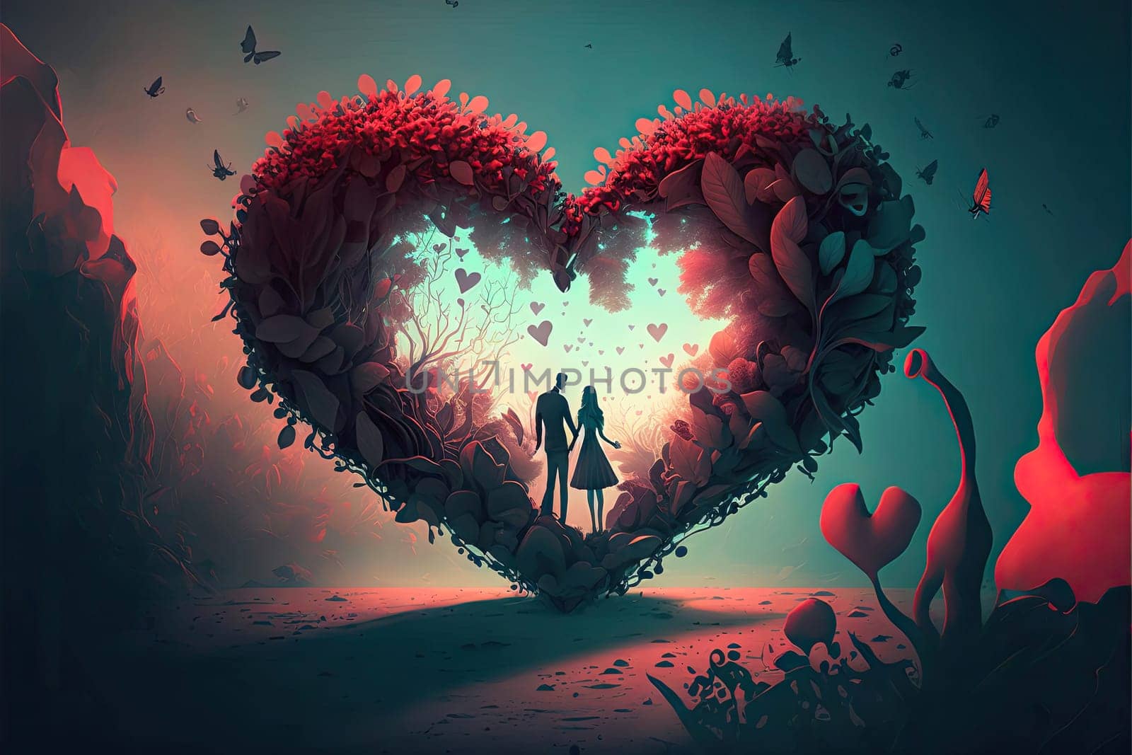 Creative Love concept. Big heart over a couple in love. Generative AI