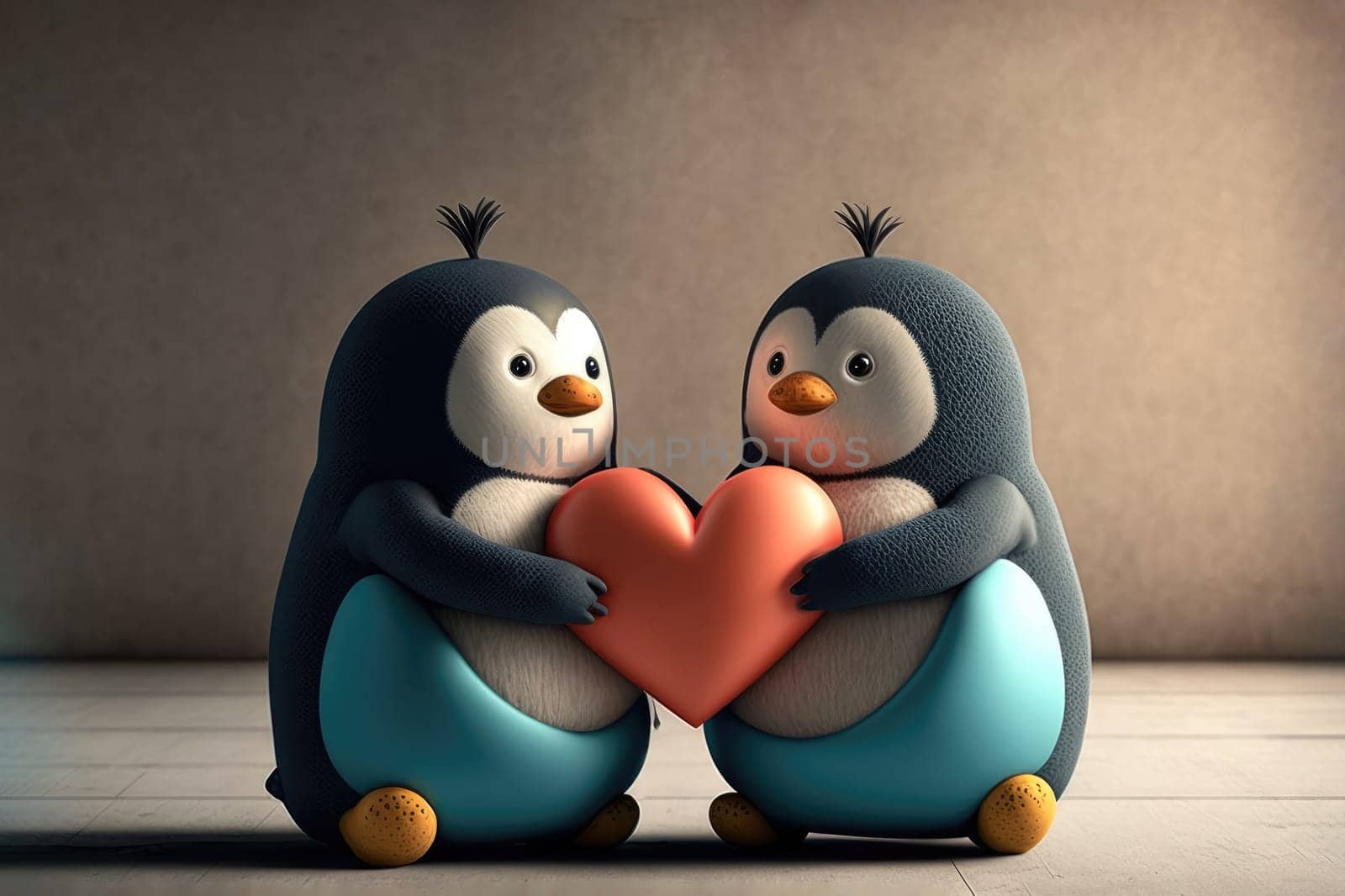 Cute penguins holding a heart, selective focus. Valentine’s Day card. Generative AI
