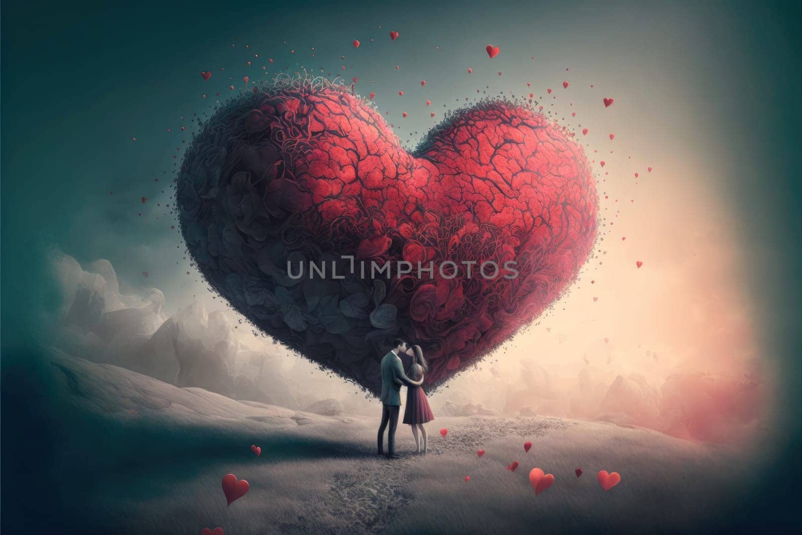 Creative Love concept. Big heart over a couple in love. Generative AI