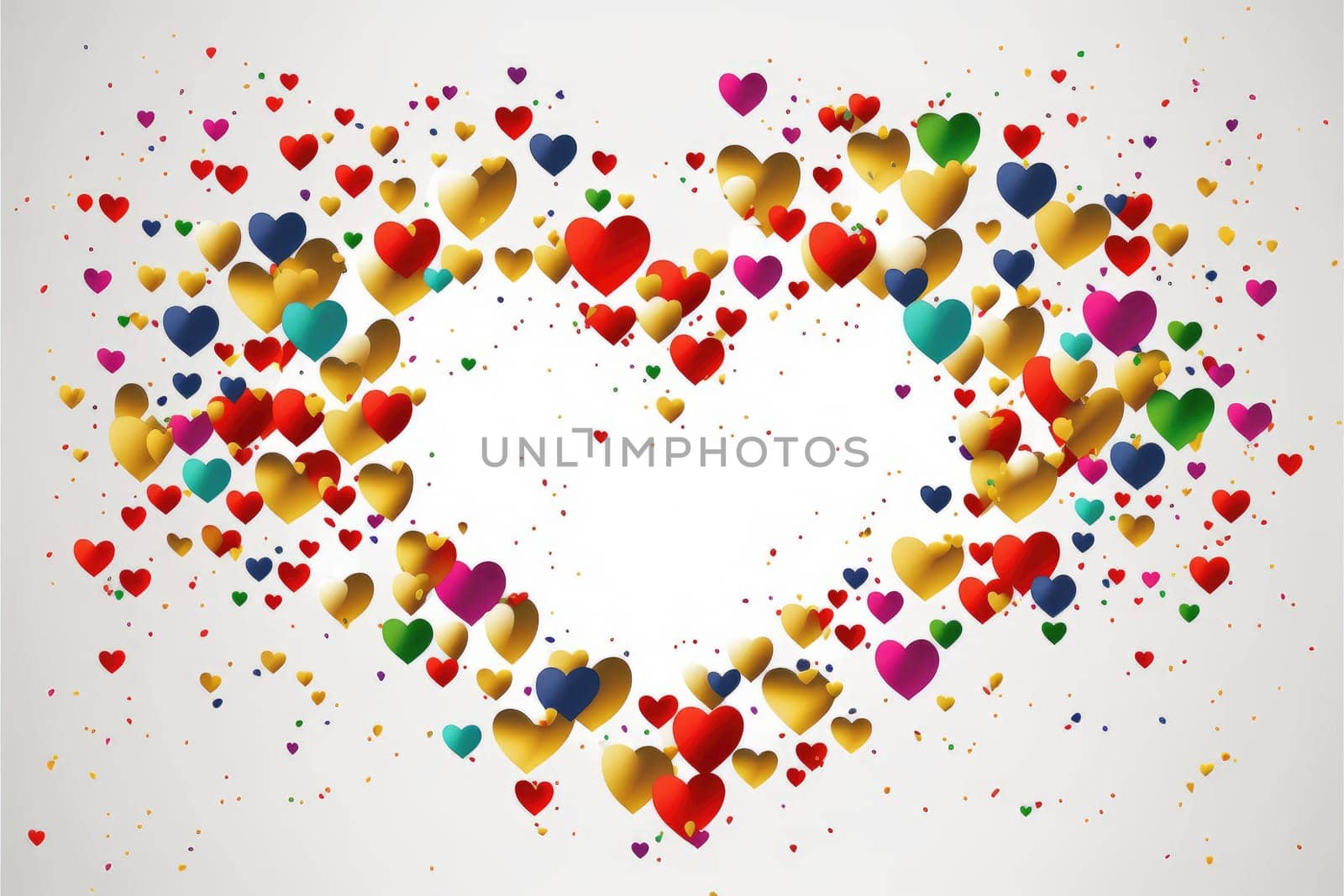 Abstract background with colorful hearts over white background with copy space. Generative AI