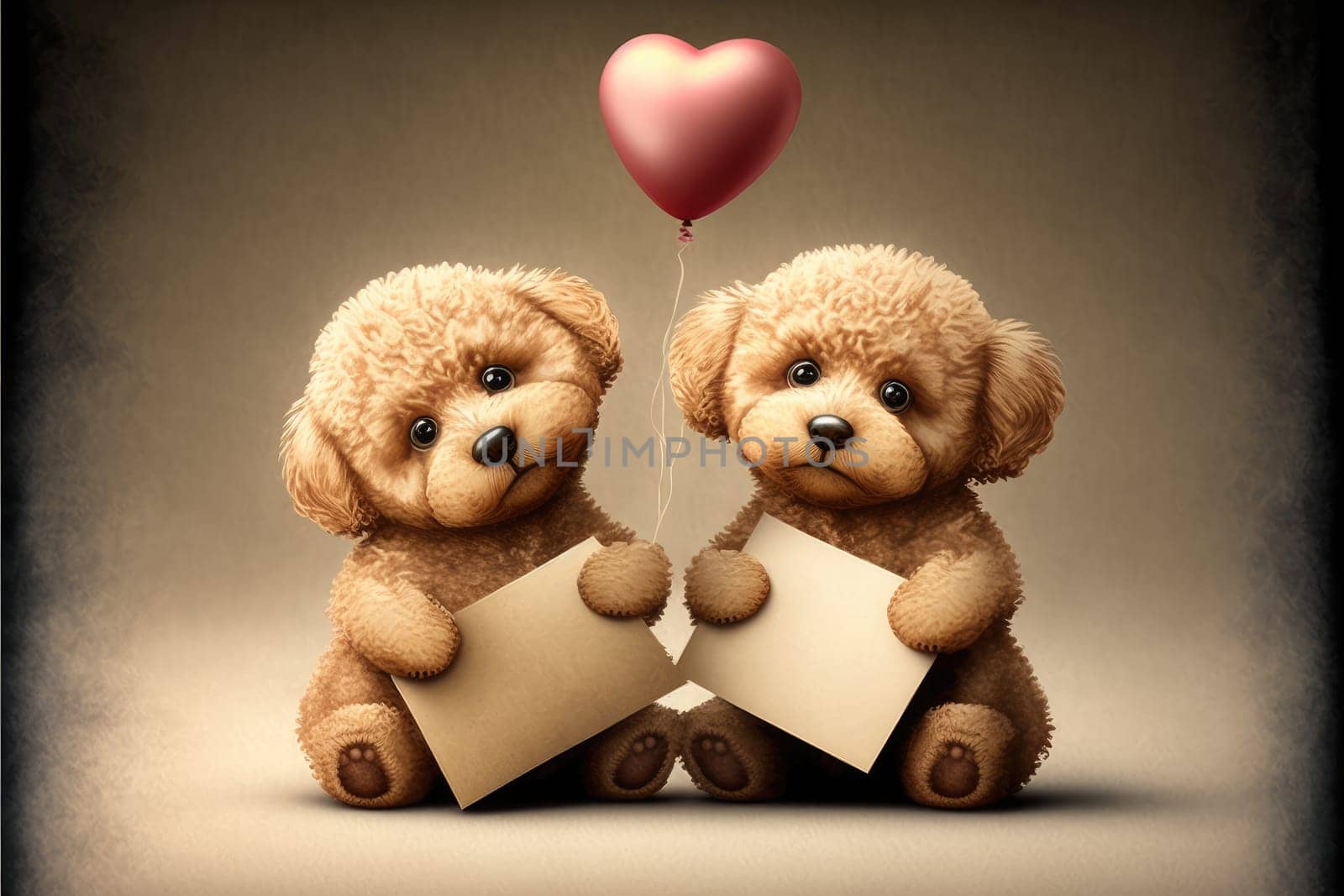 Cute doggies holding a blank postcard, selective focus. Valentine’s Day card. Generative AI
