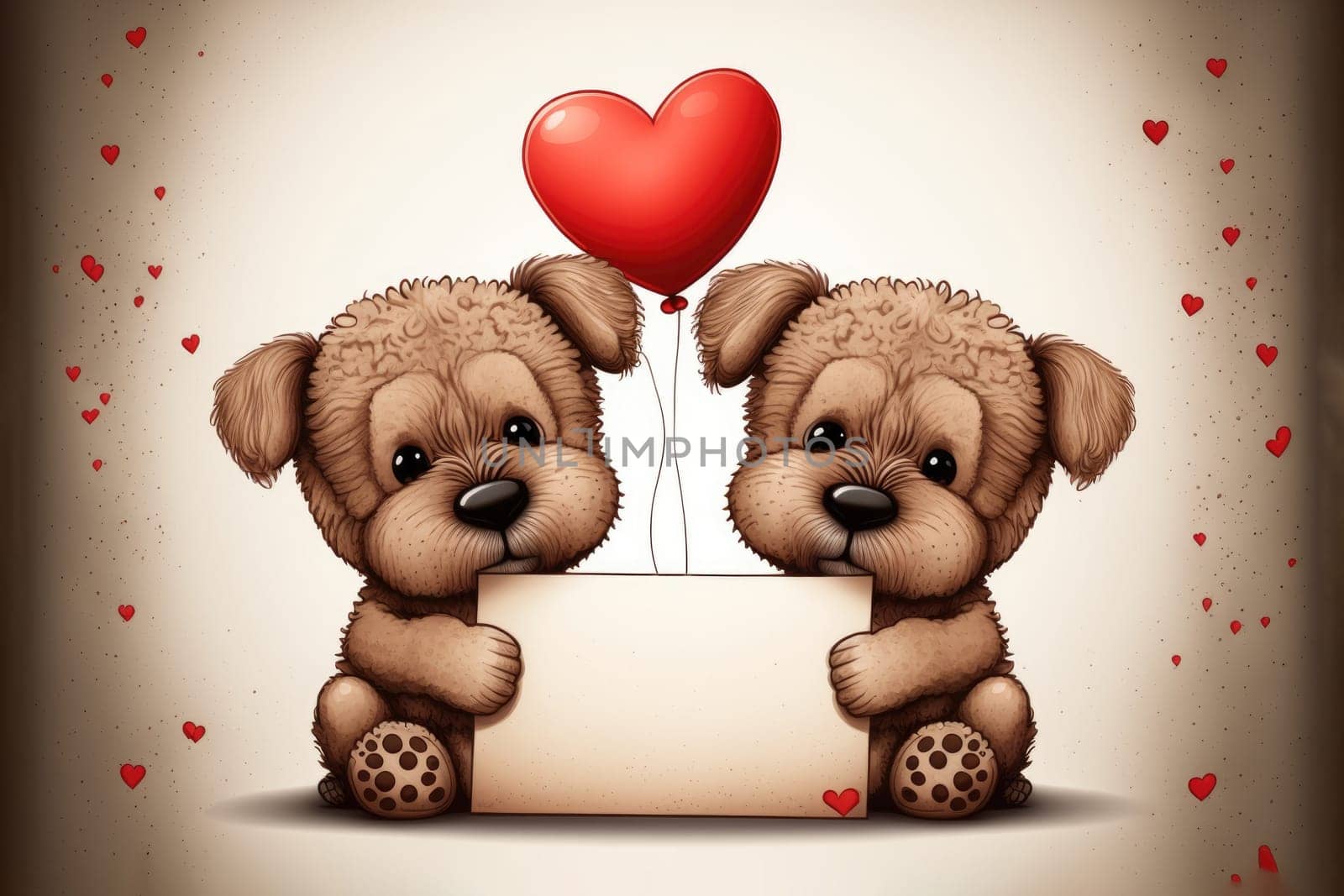 Cute doggies holding a blank postcard, selective focus. Valentine’s Day card. Generative AI