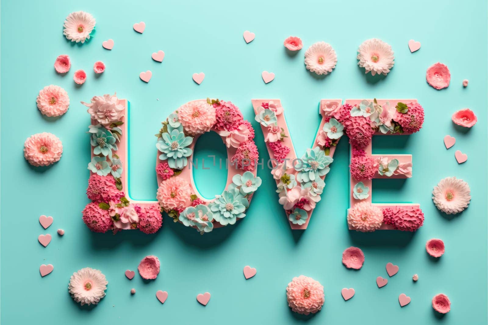 The word love decorated with pastel flowers and leavwes. Soft pastel blue background. Floral love decoration. Generative AI