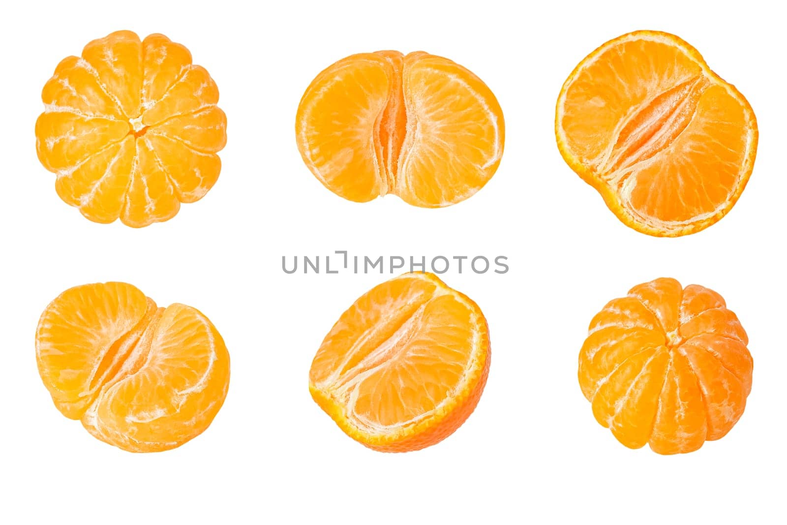 Collection slised mandarin fruits isolated on white with clipping path as package design element and advertising. Full depth of field.