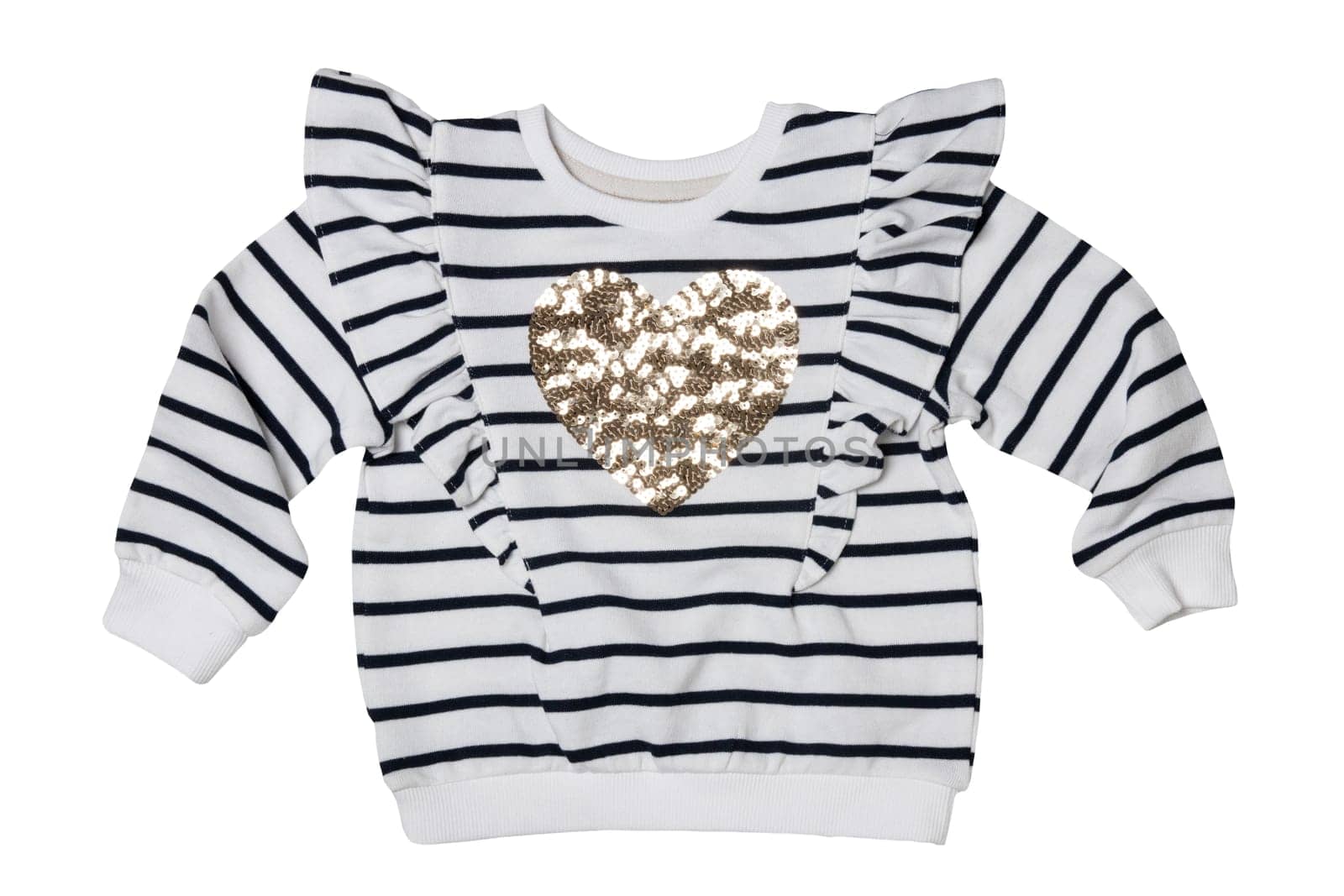 Spring children clothes. Close-up of a stylish beautiful black and white striped little girl sweater or pullover with a heart isolated on a white background. Clipping path. Kids winter or autumn fashion.
