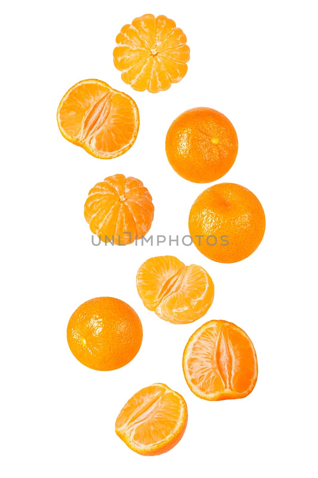 Isolated flying grapes. Nine whole and sliced mandarin fruits falling on white with clipping path as package design element and advertising. Full depth of field.