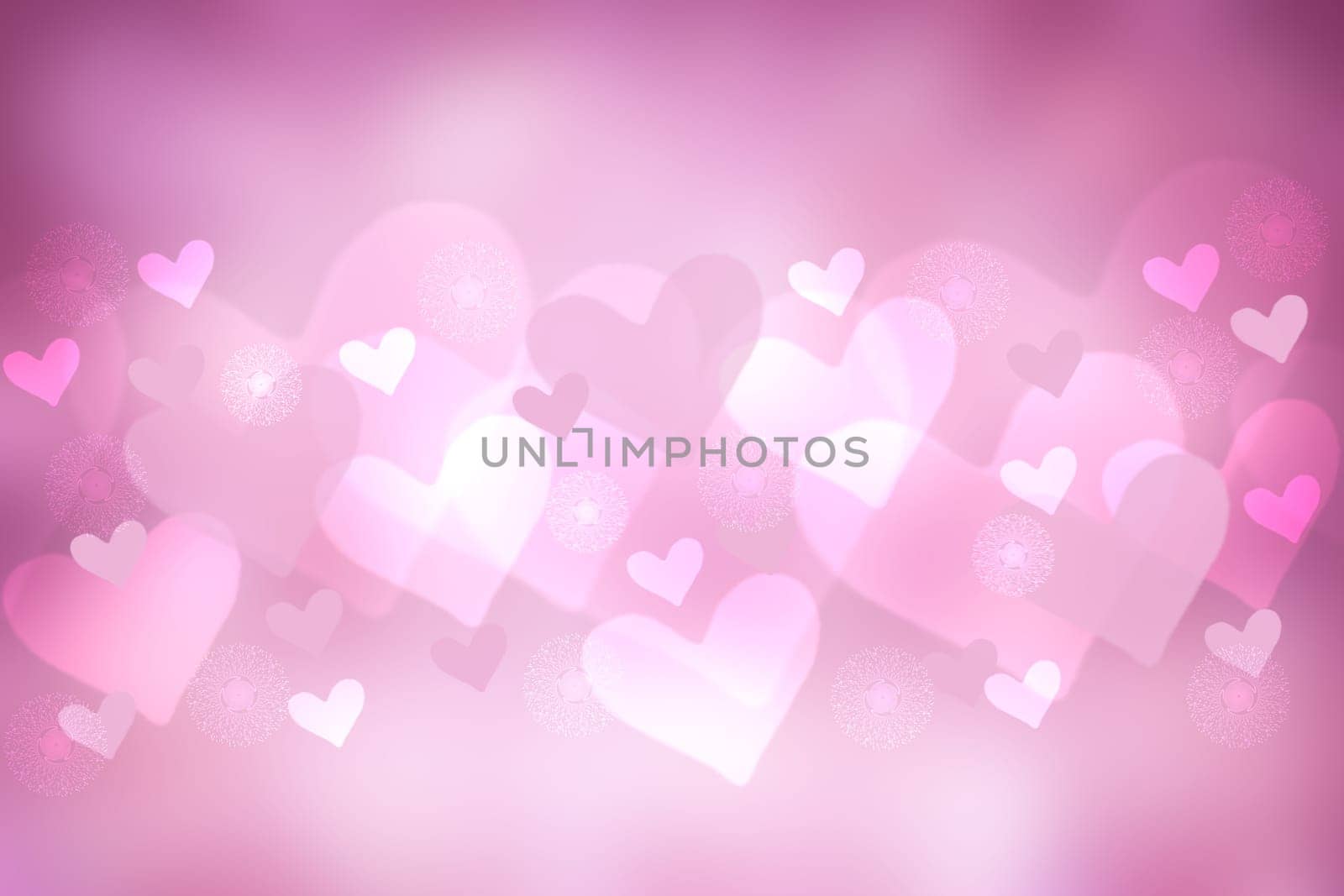 Abstract festive blur light pink pastel background with white pink hearts inside love bokeh for wedding card or Valentine day.  Romantic textured backdrop with space for your design. Card concept.