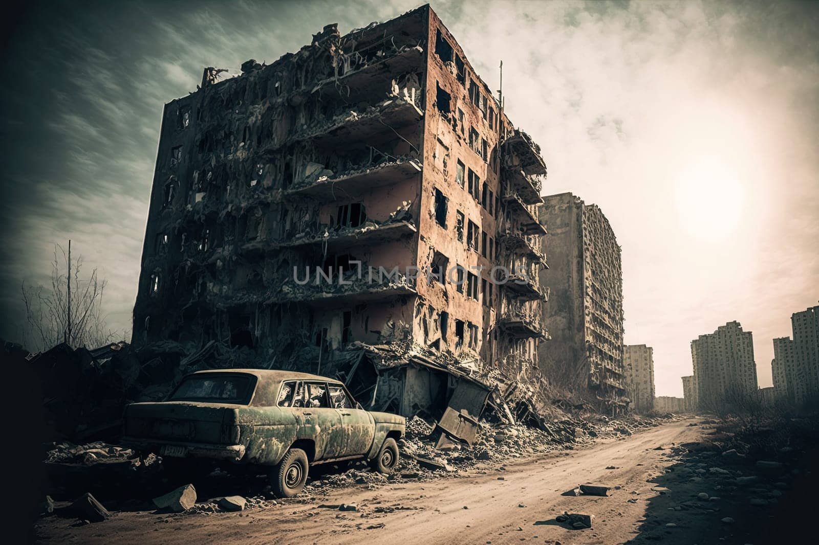 Destroyed city, Post-apocalyptic, War zone created with Generative AI technology.