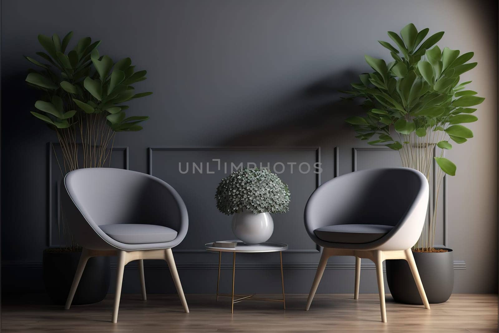 Pastel interior in classic style with soft armchairs and lamps.