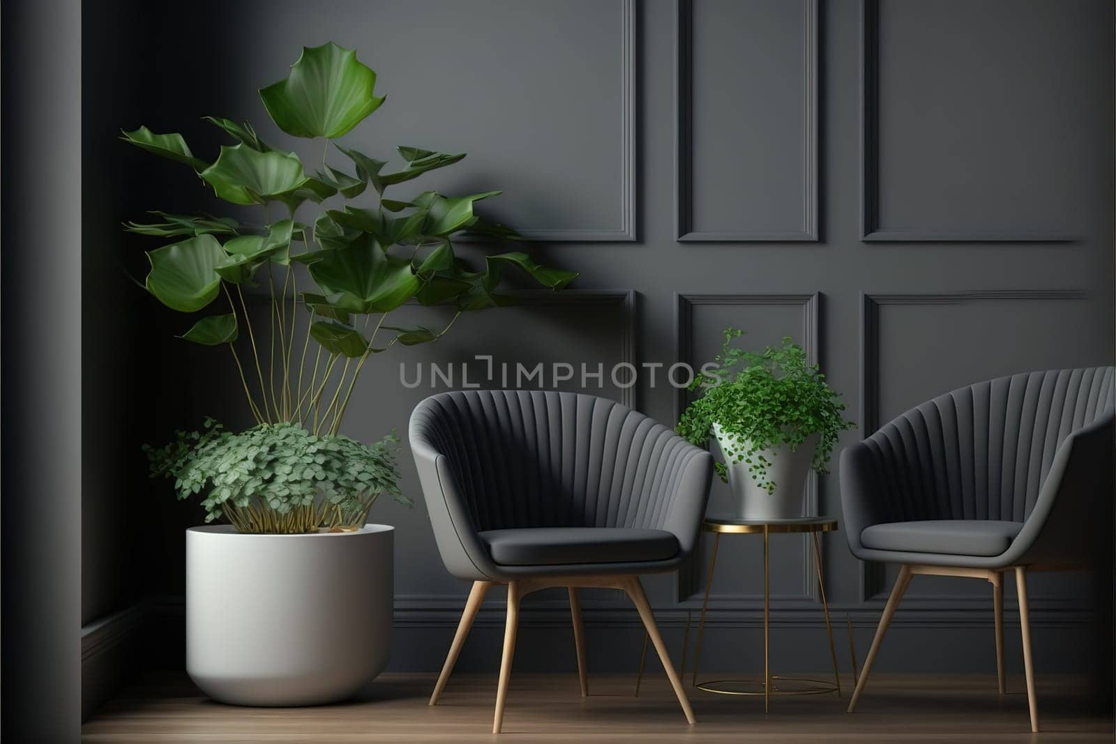Pastel interior in classic style with soft armchairs and lamps.