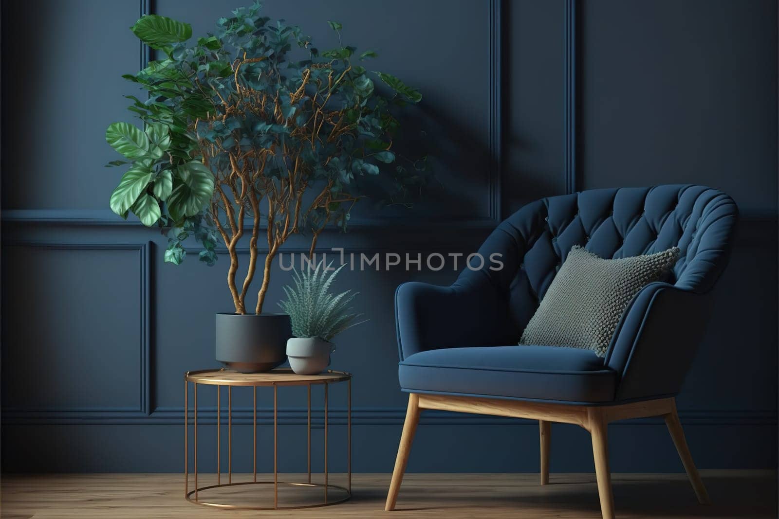 Armchair and wooden table in living room interior with plant,dark blue wall.3D rendering.