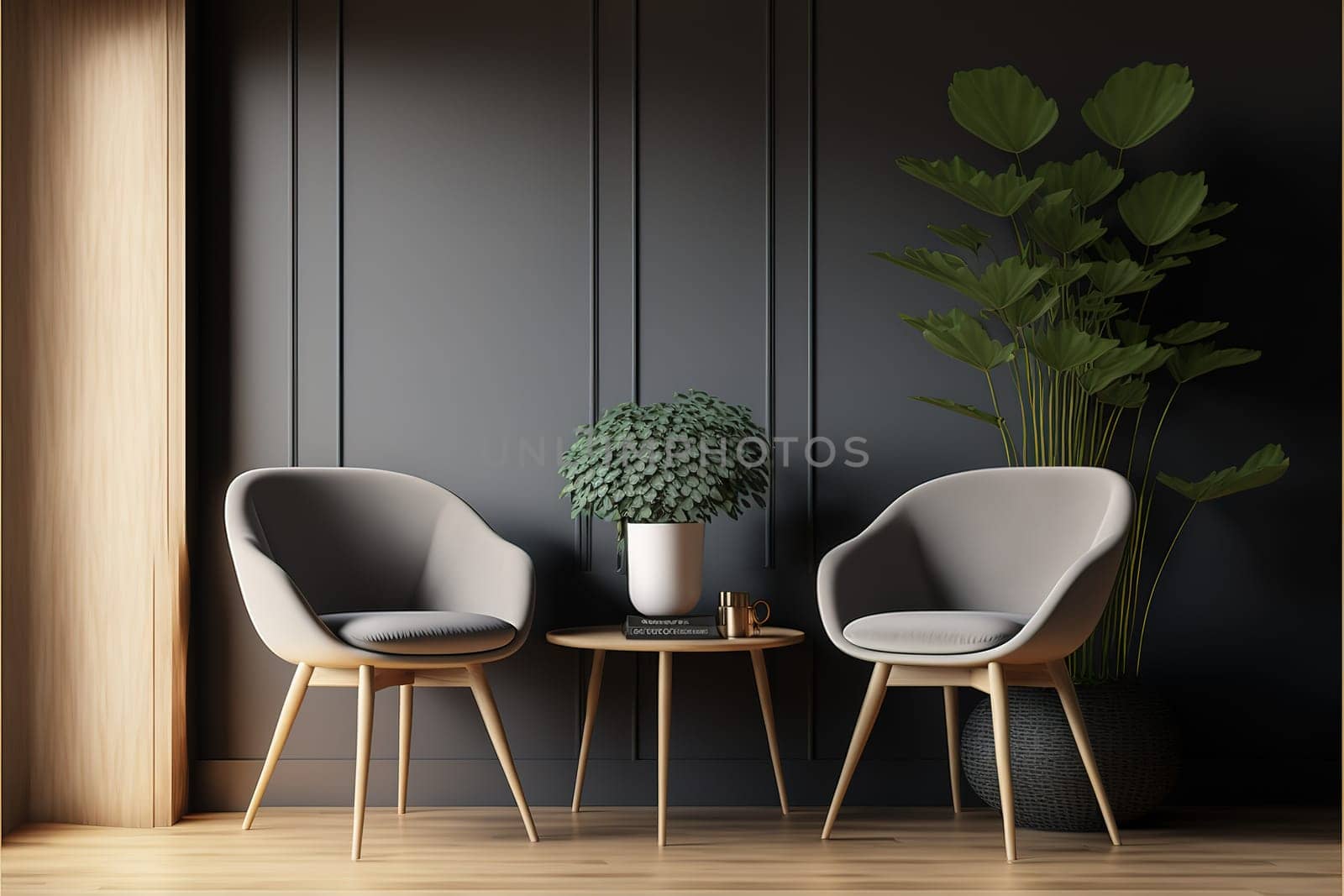 Pastel interior in classic style with soft armchairs and lamps.