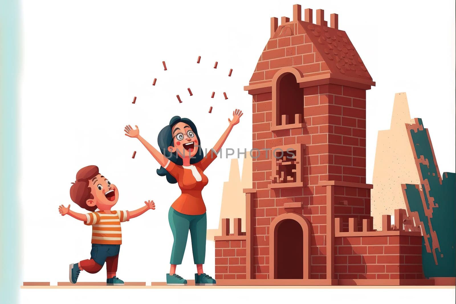 Laughing indian mommy give high five to happy kid son celebrate building of high brick tower. Female babysitter construct from brick set with small boy on floor with heating system.