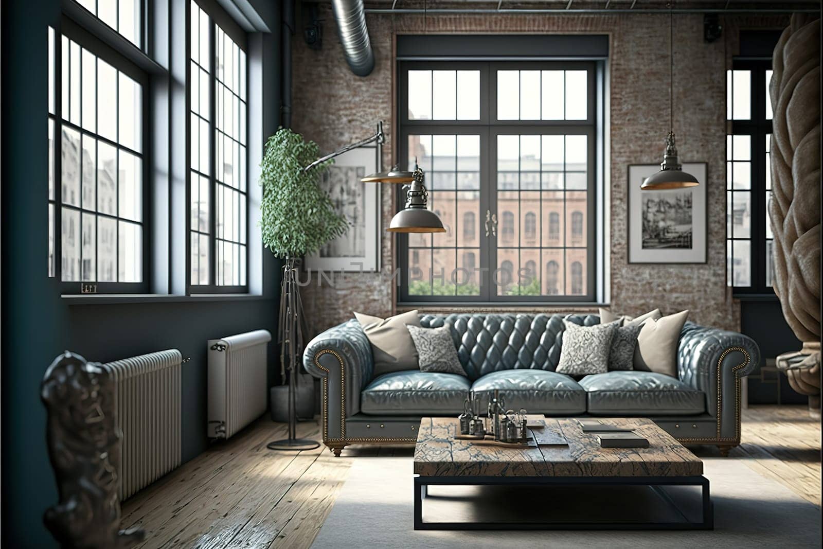 Living room interior in loft, industrial style, 3d render.