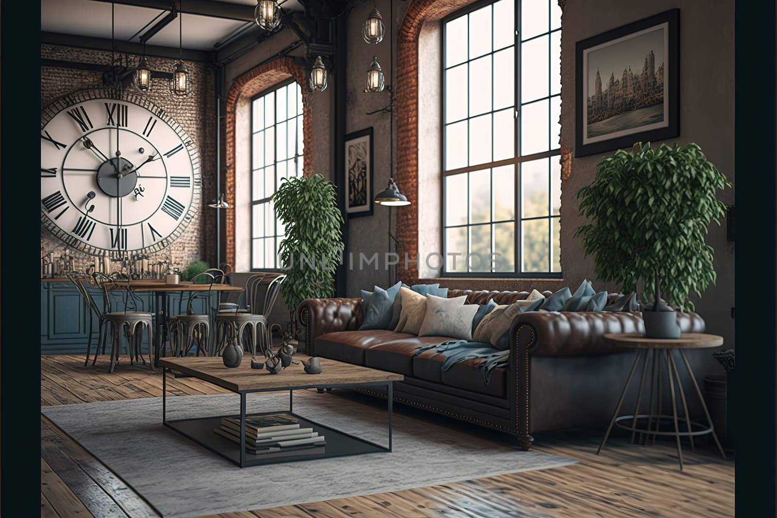 Living room interior in loft, industrial style, 3d render.