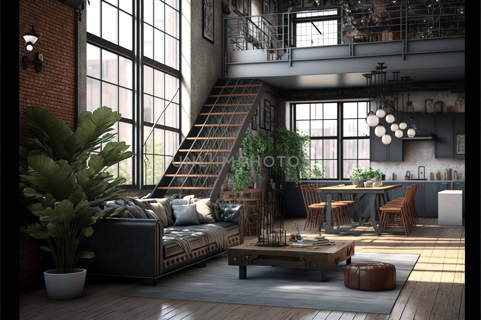 Living room loft in industrial style ,3d render.
