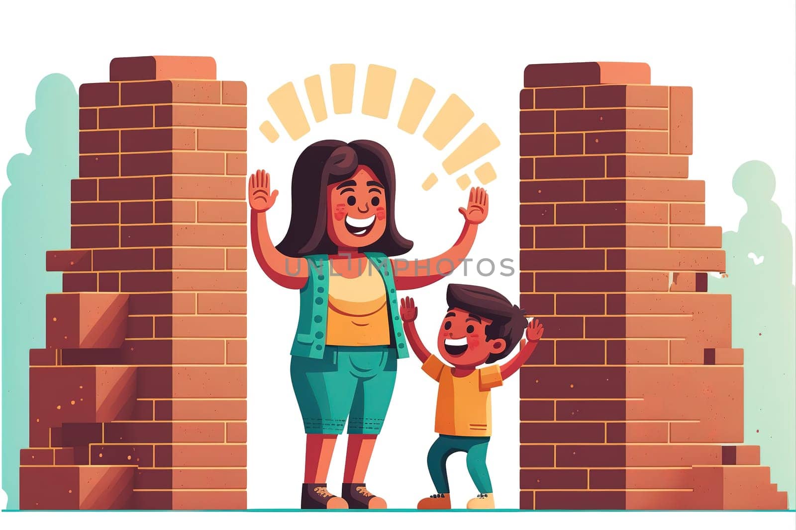 Laughing indian mommy give high five to happy kid son celebrate building of high brick tower. Female babysitter construct from brick set with small boy on floor with heating system.