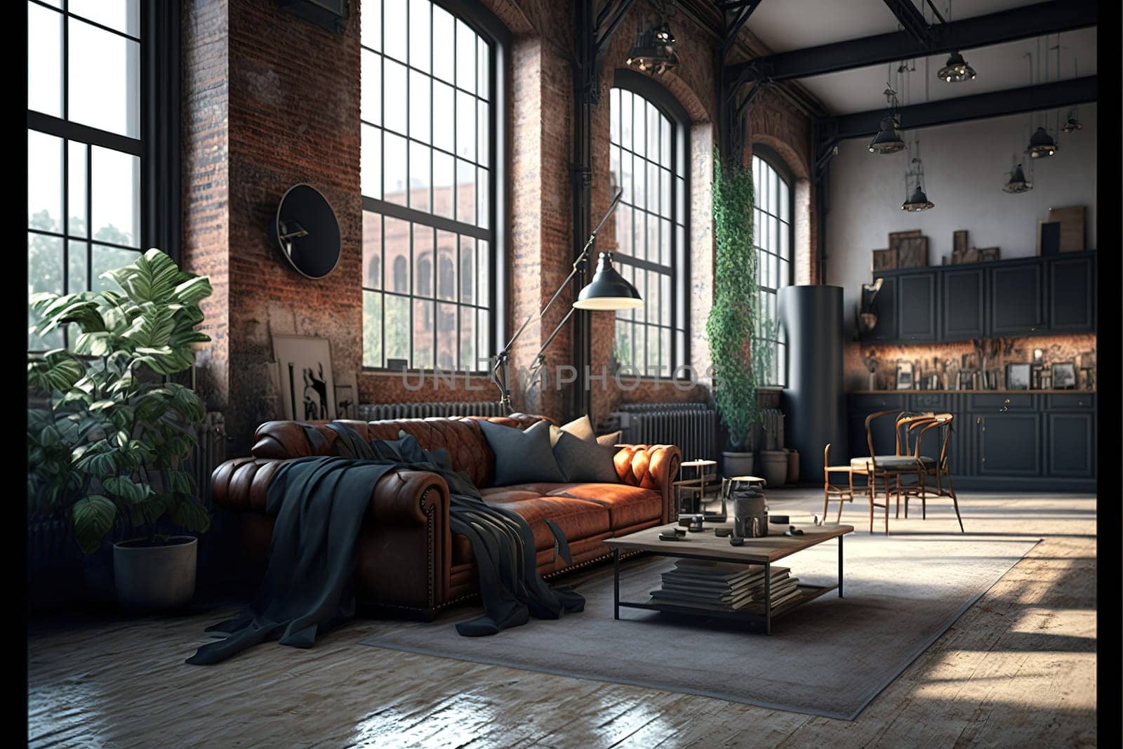 Living room interior in loft, industrial style, 3d render.