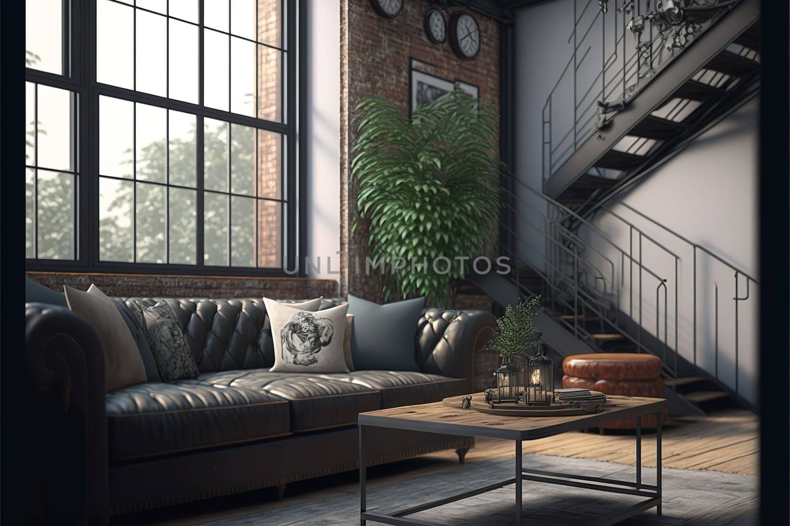Living room interior in loft, industrial style, 3d render.