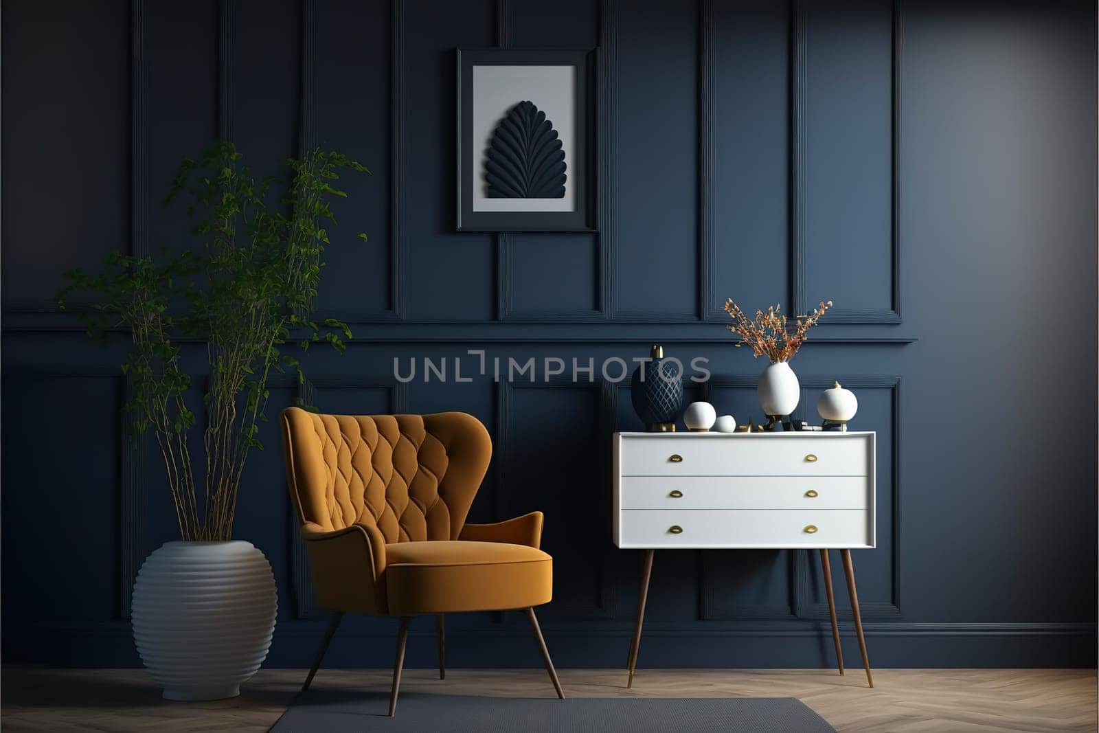 Commode with chair and decor in living room interior, dark blue wall mock up background, 3D render.