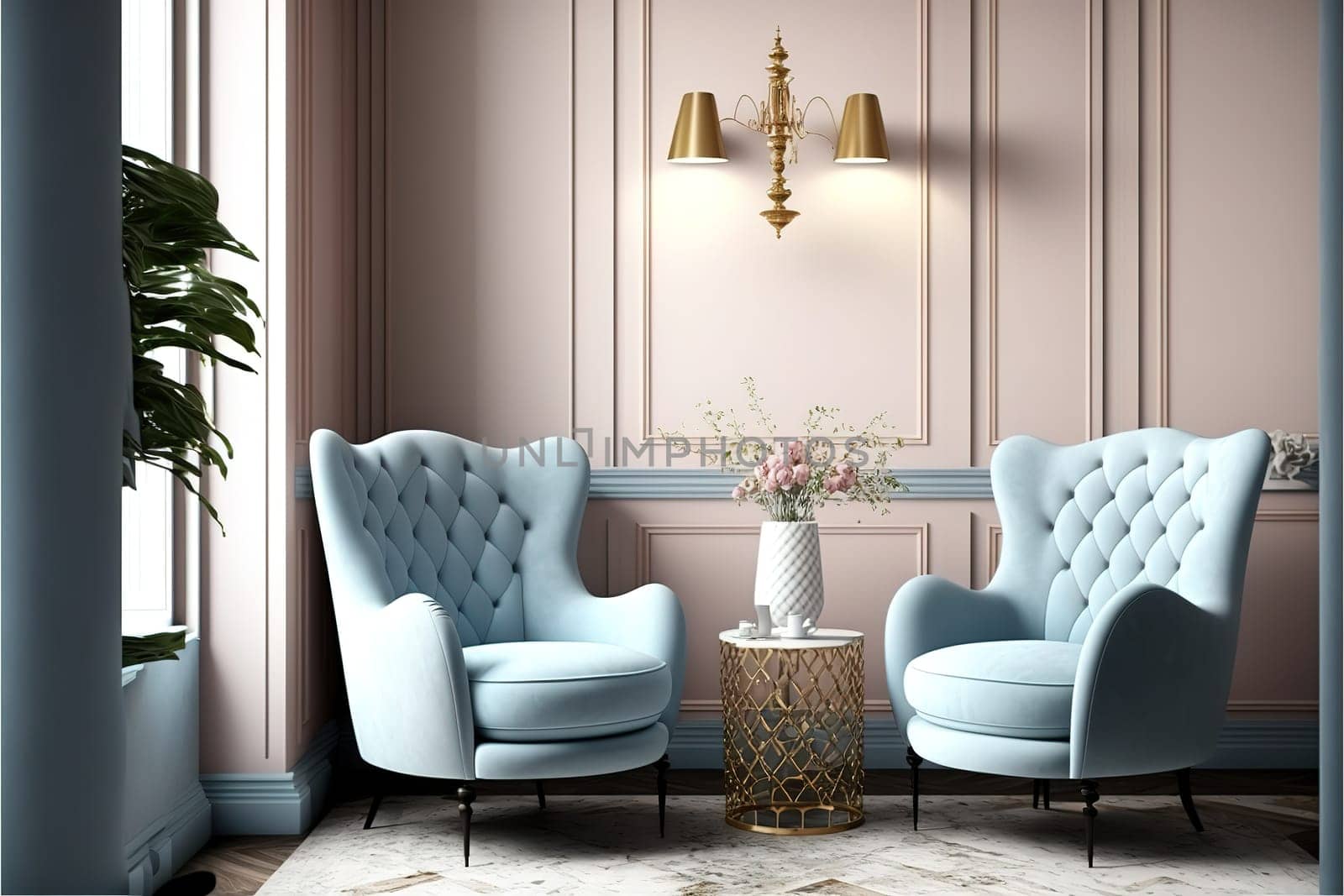 Pastel interior in classic style with soft armchairs and lamps. 3d rendering.