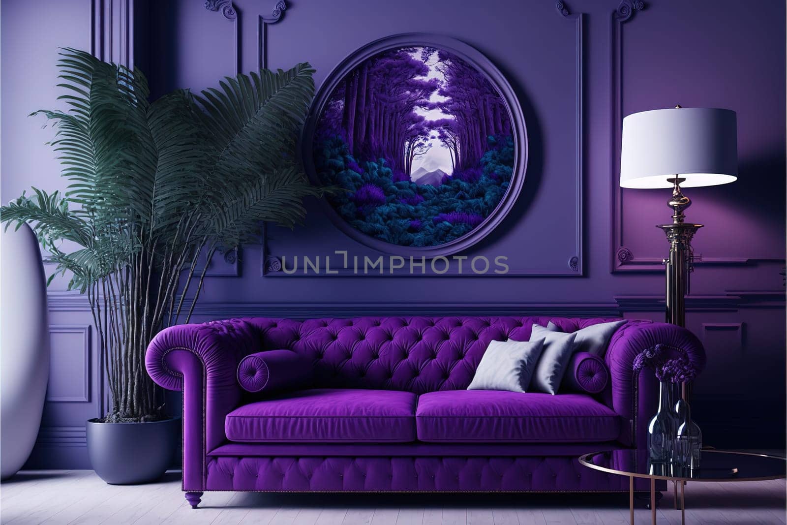 Luxury modern interior of living room ,Ultraviolet home decor concept ,purple sofa.