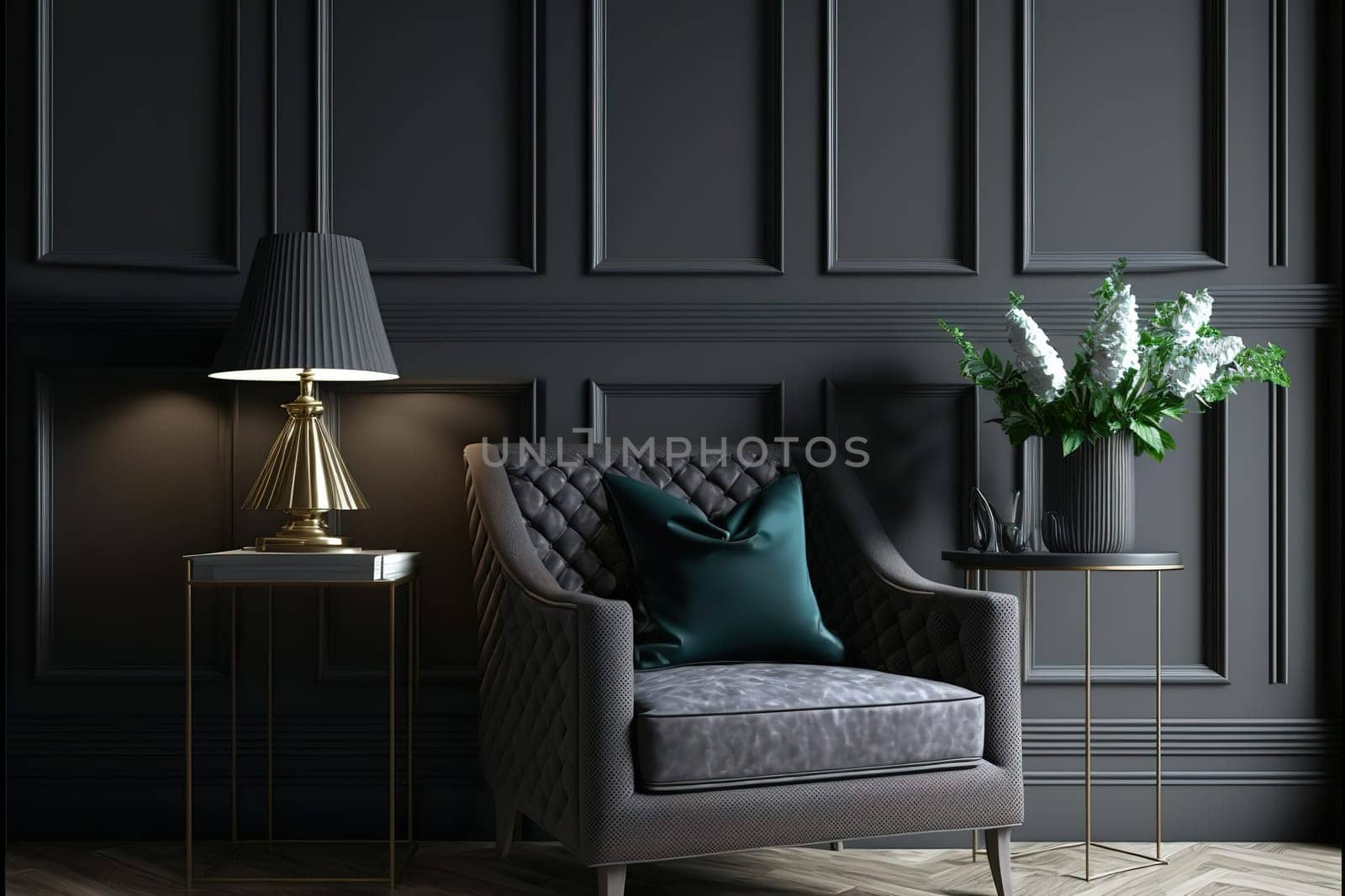 Modern interior design for home, office, interior details, upholstered furniture against the background of a dark classic wall.