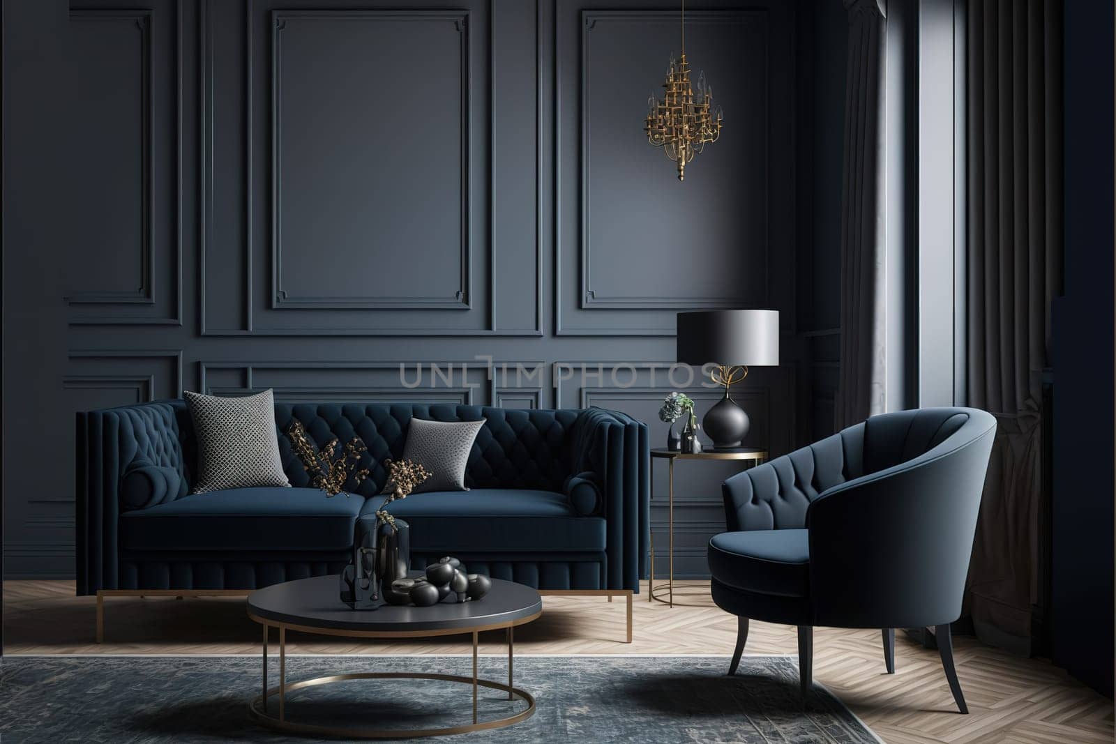 modern living room mock up with dark blue sofa, armchairs near coffee table, modern rug, floor lamp and empty gray wall, luxury living room interior background, 3d rendering.