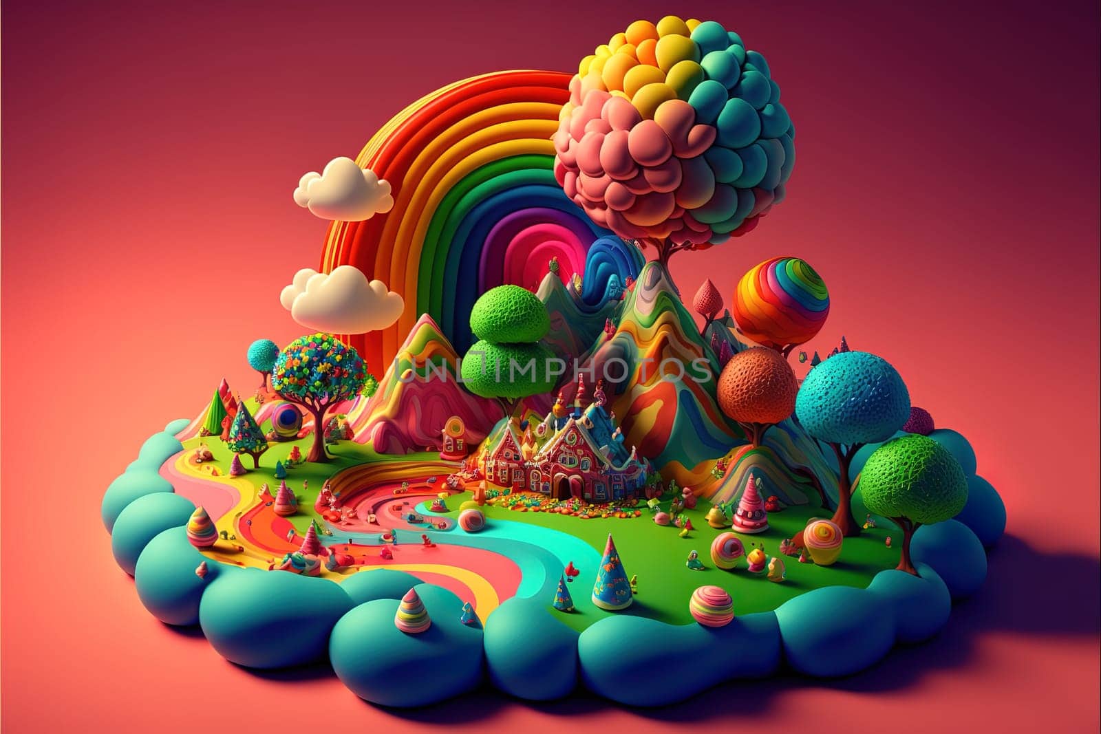 multicolored candy forming a rainbow colored fantasy landscape .