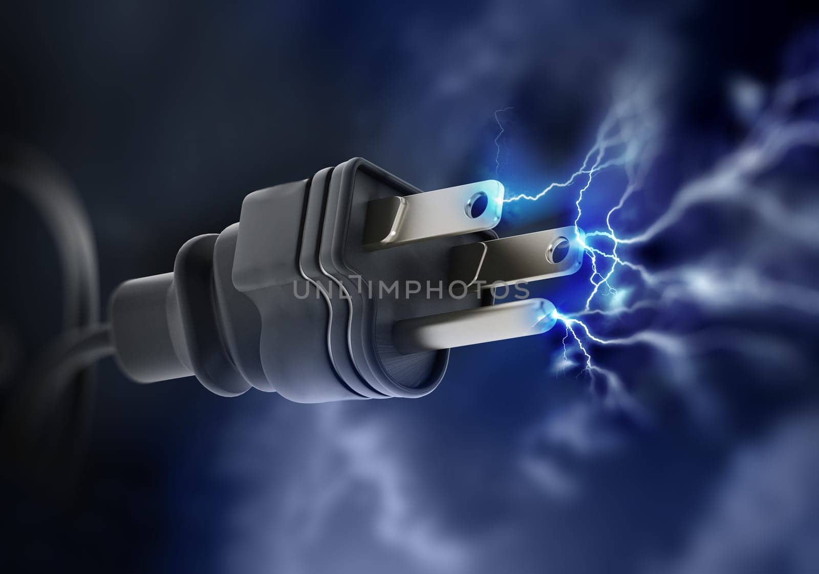 Black electric plug with sparks. 3D illustration.