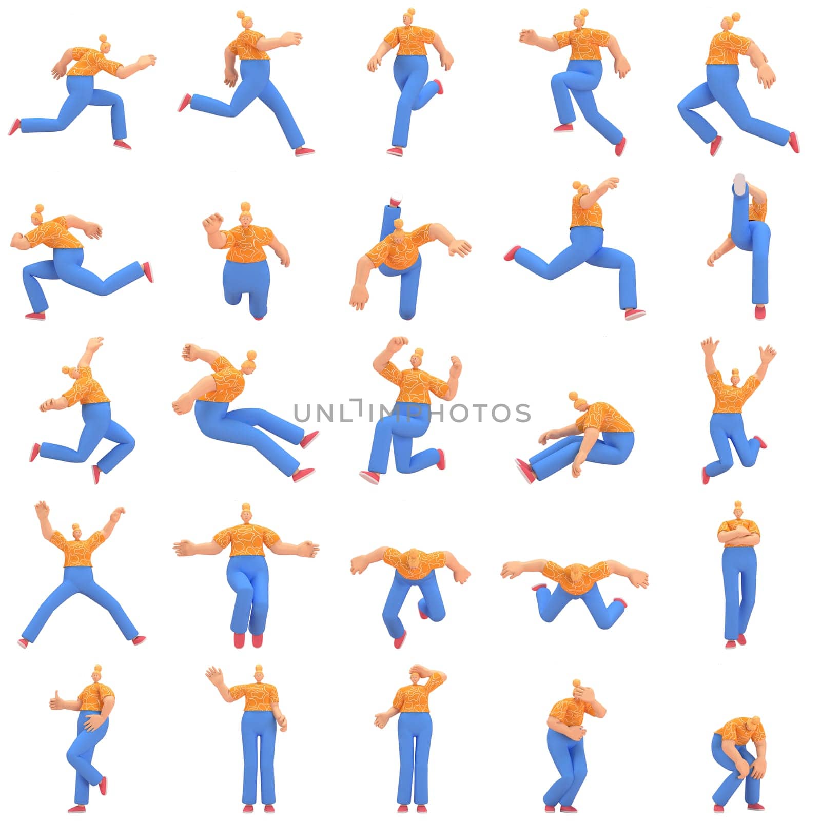 character woman orange shirt blue pants doing activities, 3d rendering