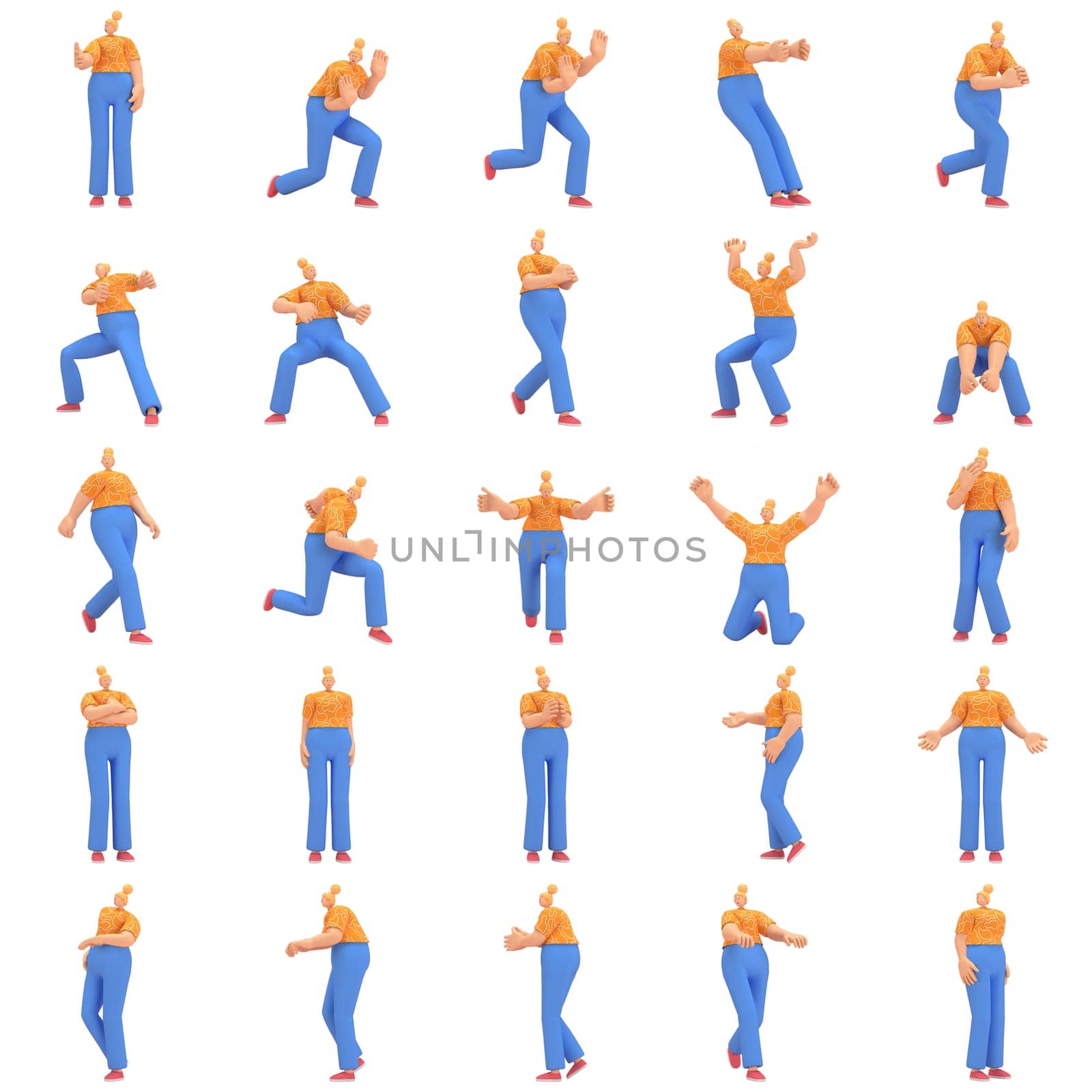 character woman orange shirt blue pants doing activities, 3d rendering