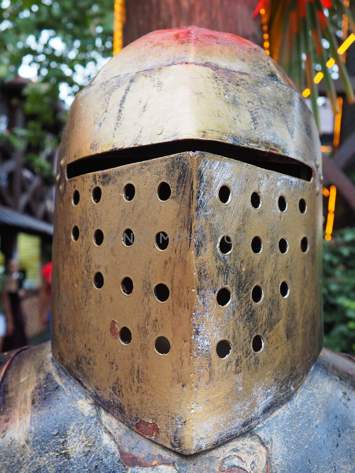 Ancient metal armor, iron detail. Armor, Safety weapon - in antiquity and the Middle Ages, a warriors safety weapon to protect different parts of the body, a piece of forged metal or a kit. Imitation
