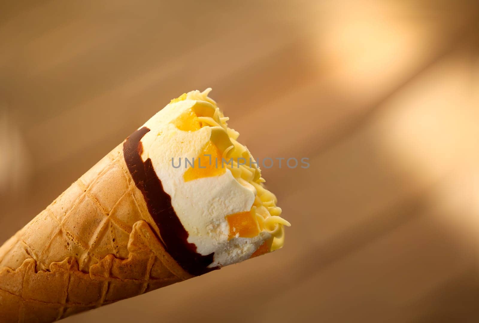 Close up of an ice cream cone, a waffle ice cream cone.