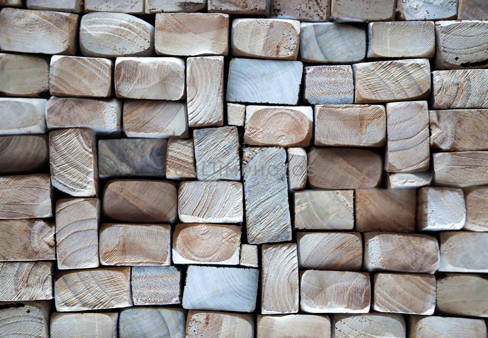 A texture of wood. Many stacked wooden slats from the front side.