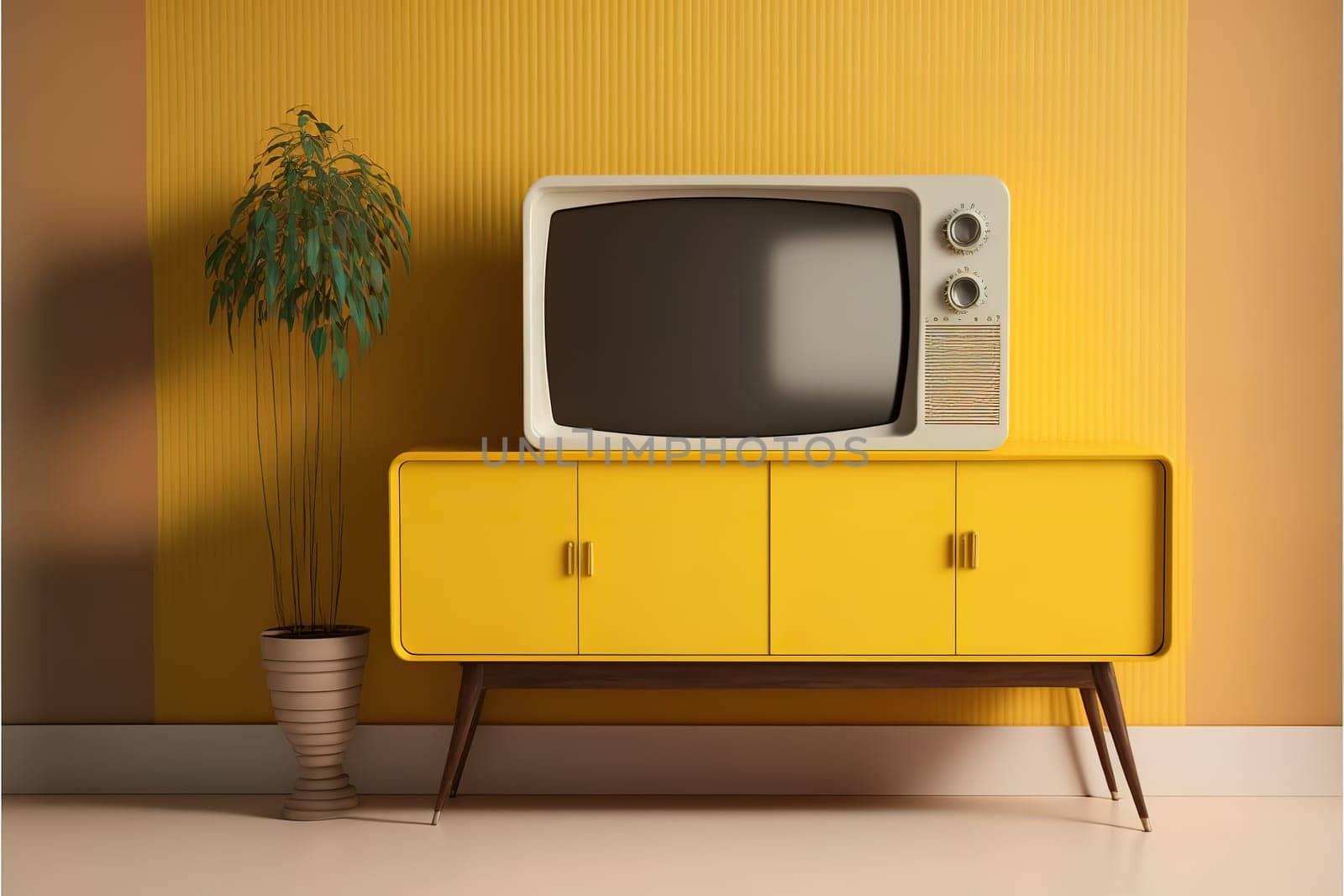 TV cabinet in modern living room with blank yellow wall background.