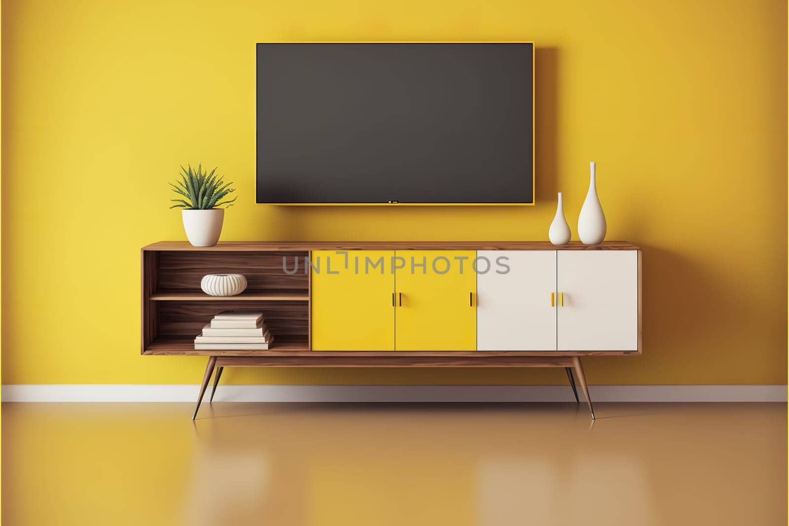 TV cabinet in modern living room with blank yellow wall background.