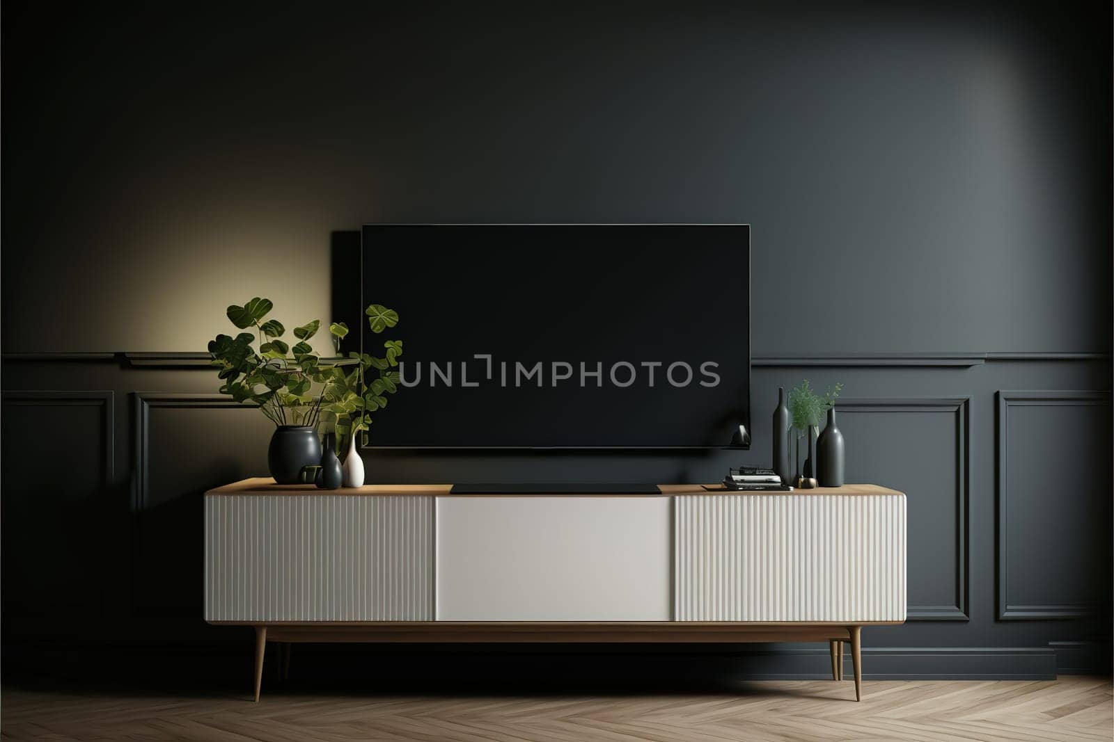 Tv cabinet in modern empty room,Dark wall.