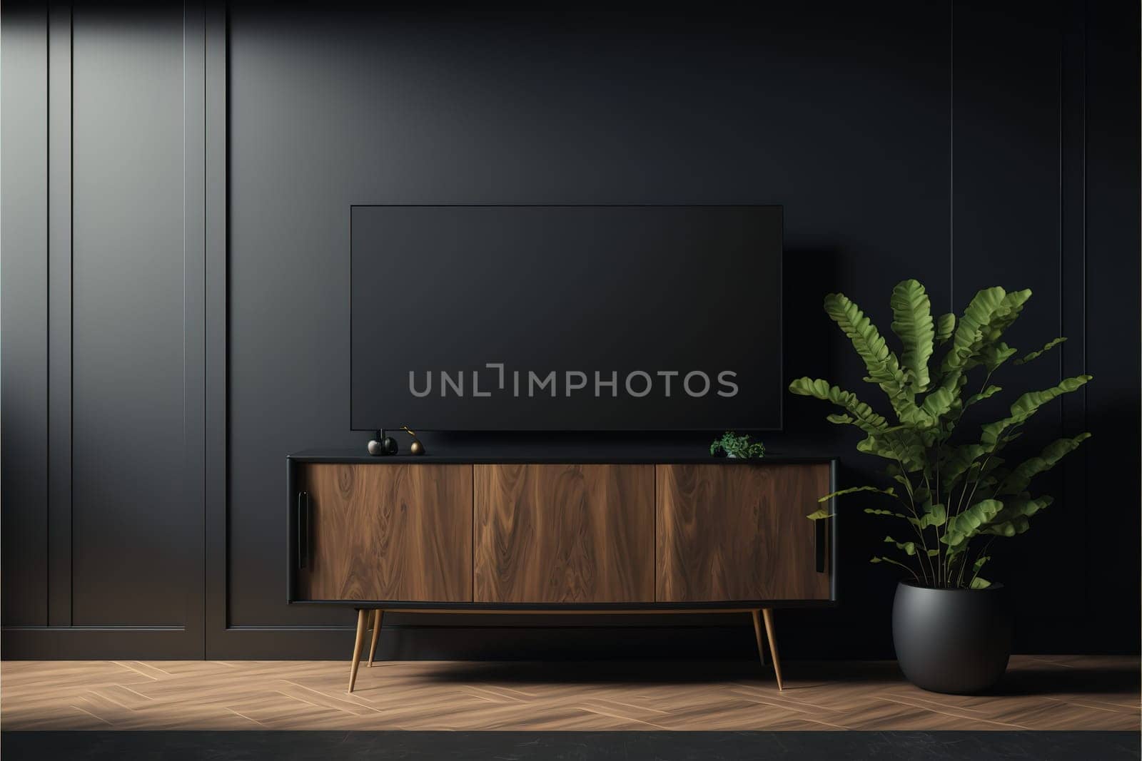 Tv cabinet in modern empty room,Dark wall.