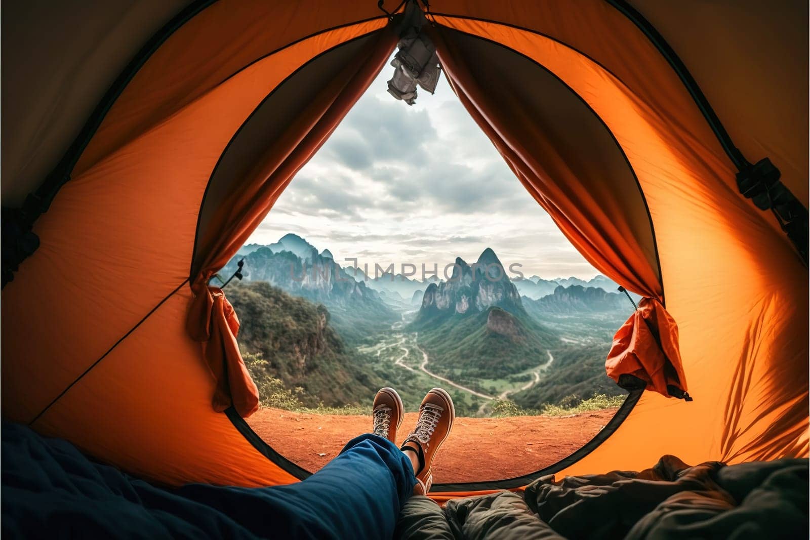 view from inside tent with sleeping bags on mountain hill.