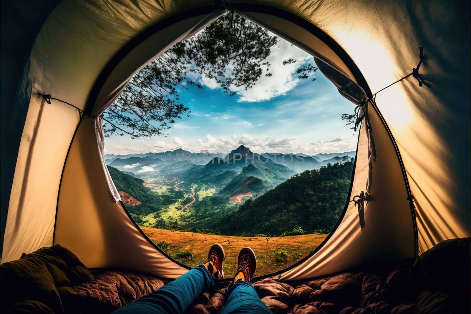 view from inside tent with sleeping bags on mountain hill.